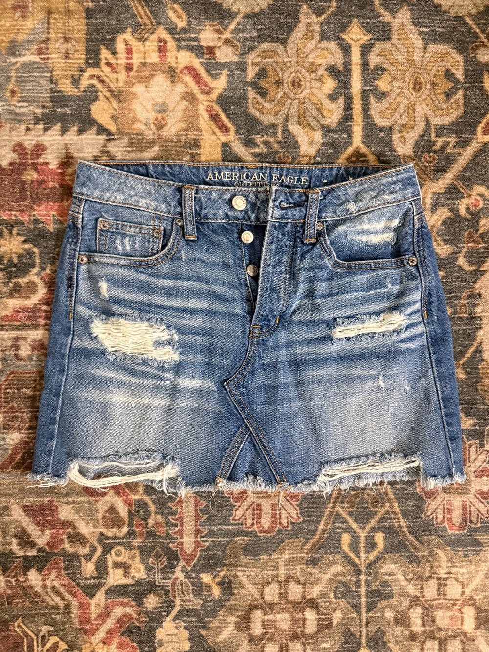 American Eagle Outfitters Medium Wash Distressed Denim Mini Skirt